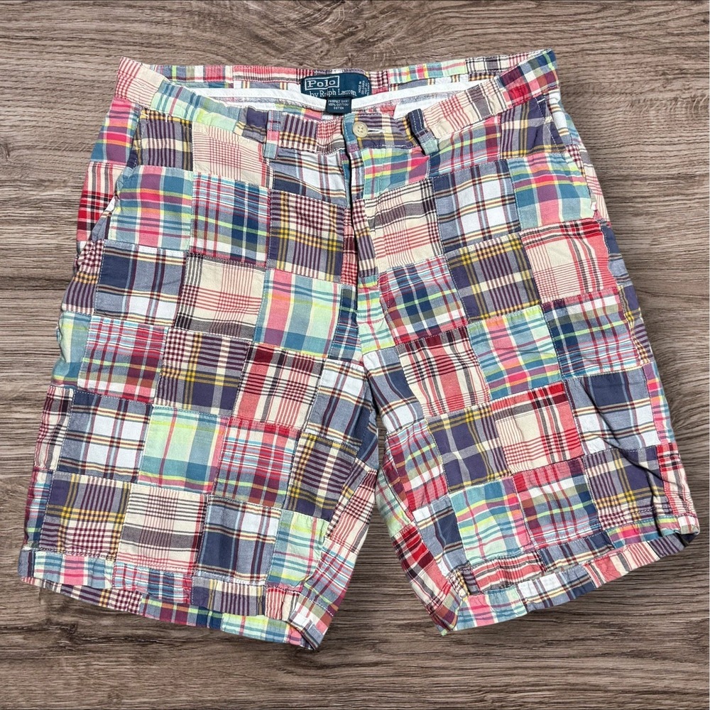 VTG Polo Ralph Lauren Shorts Mens 34 Patchwork Madras Plaid Chino Preppy Summer